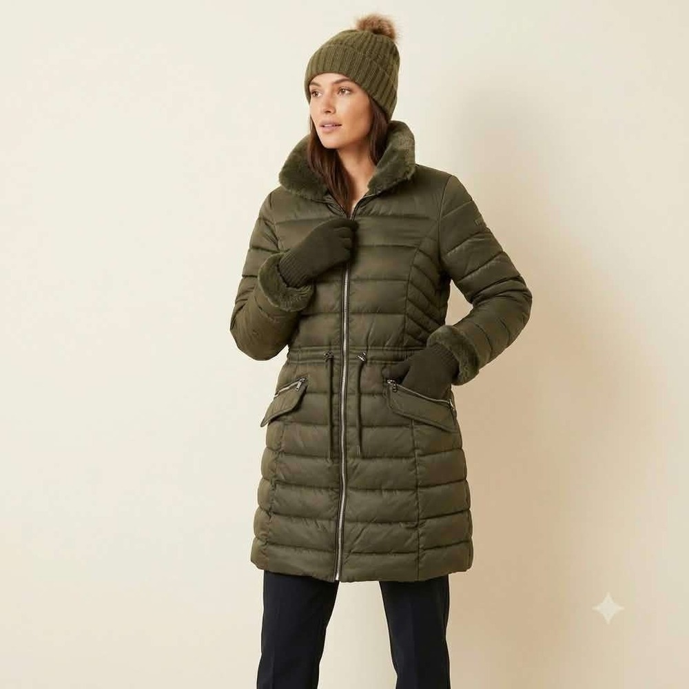 Laundry by Shelli Segal Olive Green Faux Fur Trim Quilted Puffer Coat Large